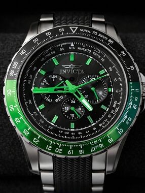 Invicta 39297 Black/Green Chronograph Watch- Multifunction Dial |